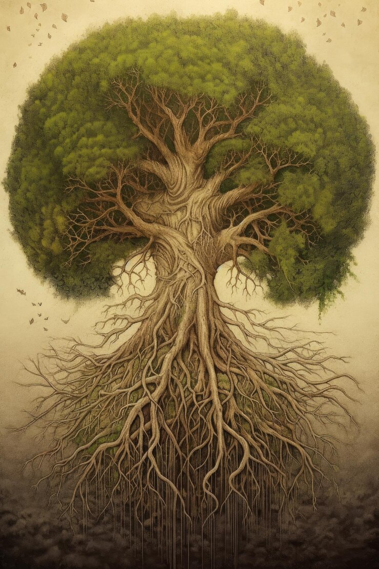 Un árbol que forma la forma de la tierra con raíces visibles creado con ai generativo