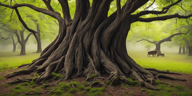 Un árbol con raíces en el bosque.