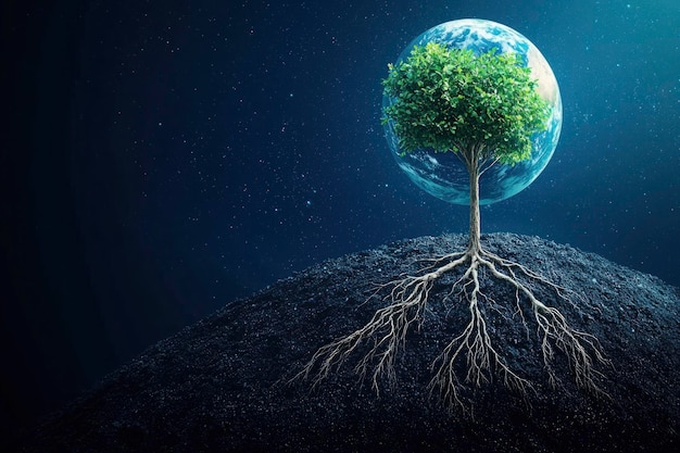 Un árbol con raíces extensas que crece en una colina contra el telón de fondo de una Tierra lejana