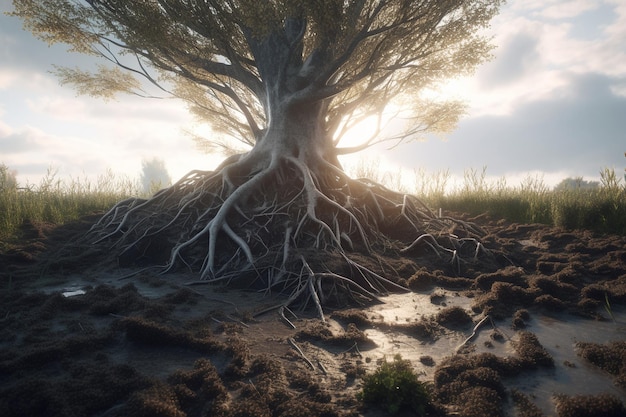 Un árbol con raíces y un fondo de cielo.