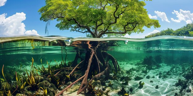 un árbol con raíces que está bajo el agua