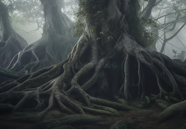 Un árbol con raíces y raíces en un bosque.