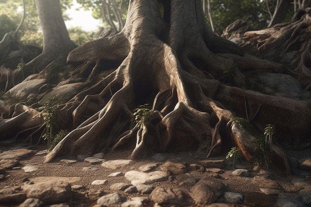 Un árbol con raíces y rocas en medio.