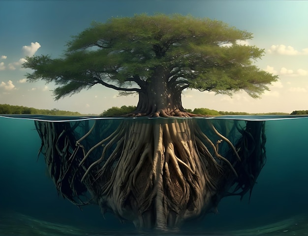 Un árbol con una raíz grande está en el agua generada por ai