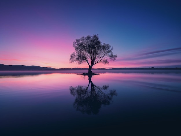 Un árbol se refleja en el agua y el cielo es morado.