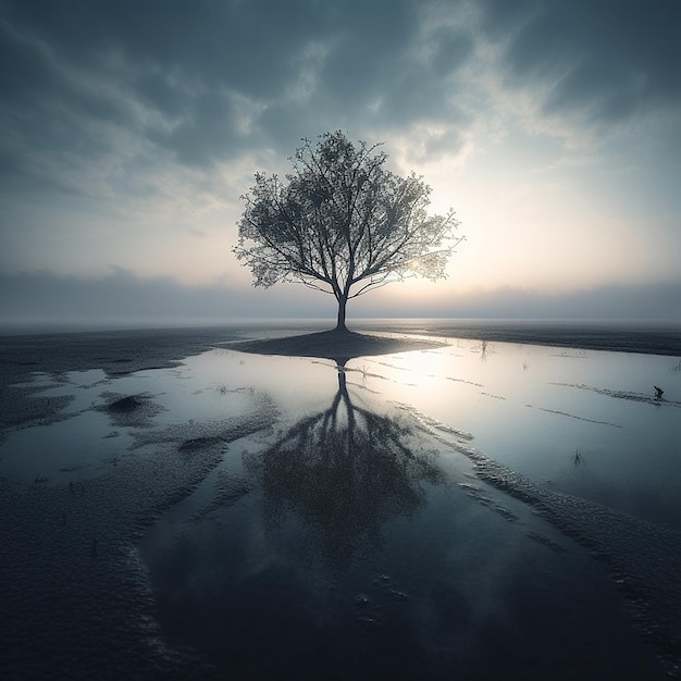 Un árbol se refleja en el agua y el cielo está nublado.