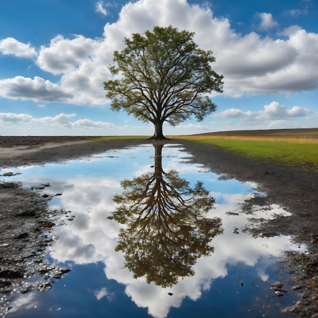 Un árbol se refleja en un charco de agua con el cielo