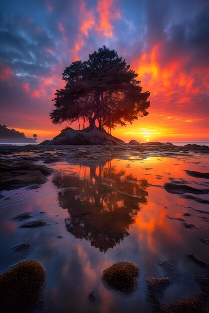 Un árbol se refleja en un charco de agua con la puesta de sol detrás de él.