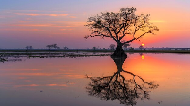 Foto Árbol reflejado en el lago taung tha man cerca del puente ubein al atardecer amarapura mandalay ia generativa