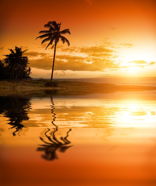 Foto Árbol reflejo del atardecer cielo nublado ningún hombre paisaje al aire libre árbol de palma agua océano cielo naranja