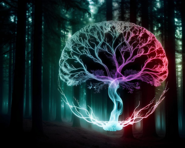 Un árbol resplandeciente en un bosque oscuro con un cerebro resplandeciente en la parte inferior