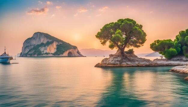 Foto un árbol en una roca en el agua con una puesta de sol en el fondo