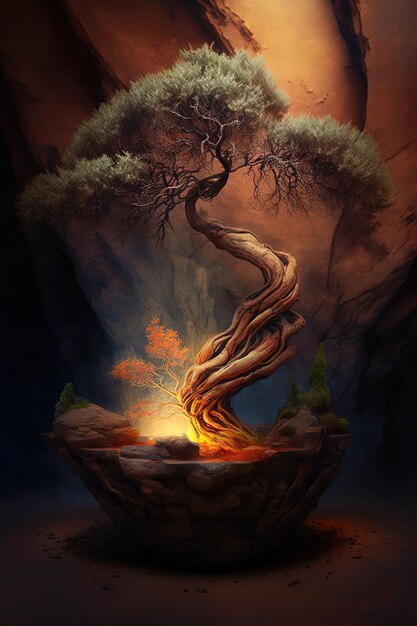 un árbol en una roca con un fuego en él