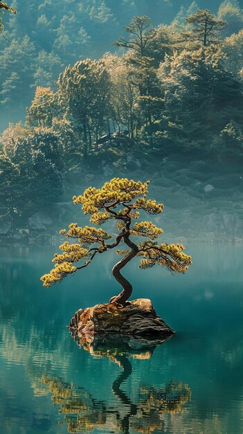 un árbol en una roca con un lago en el fondo