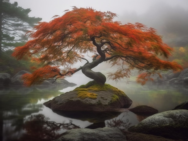 Un árbol en una roca en la niebla.