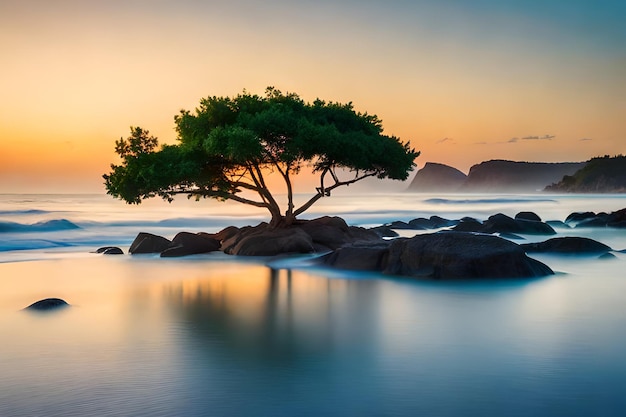 Un árbol en las rocas al atardecer.