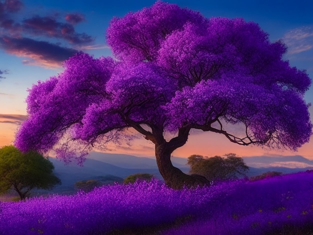 Un árbol rodeado de vibrantes flores de color púrpura.