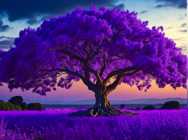 Un árbol rodeado de vibrantes flores de color púrpura.