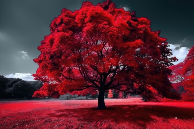 Un árbol rojo en un campo con la palabra amor en él.