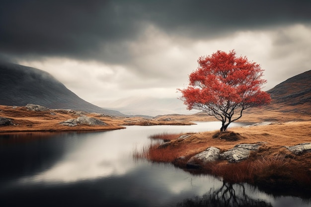 Un árbol rojo se encuentra en un lago con un reflejo de montañas en el agua.