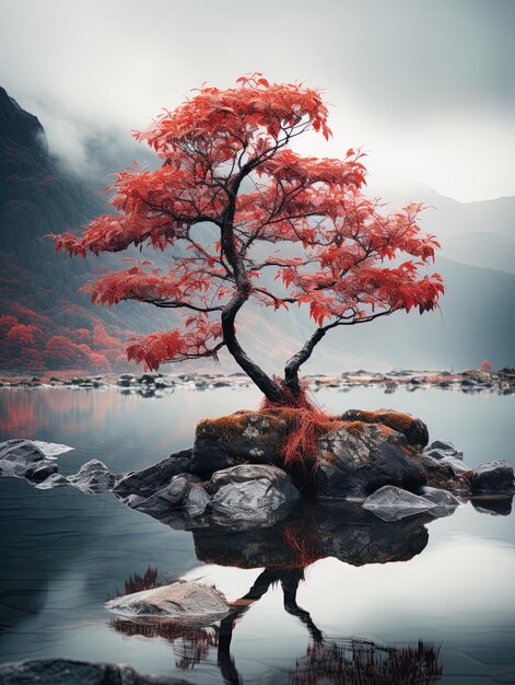 un árbol rojo está en una roca en el agua