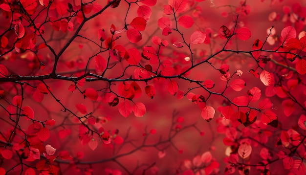 un árbol rojo con hojas rojas y un fondo rojo