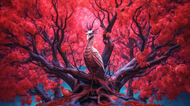 Un árbol rojo con un pájaro en medio.