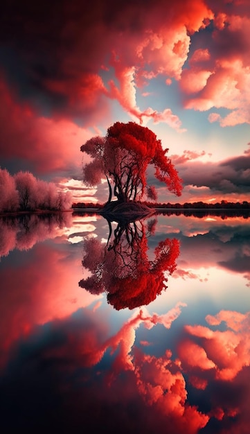 Un árbol rojo se refleja en el agua.