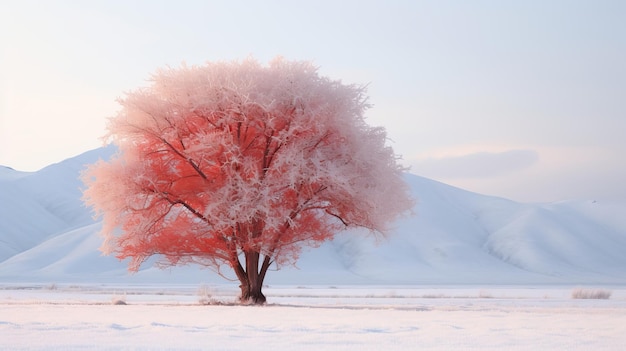 Foto Árbol rojo solitario en la llanura nevada paisaje inspirado en el arte chino antiguo