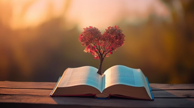 Foto Árbol romántico del corazón en el libro de la historia de amor en la cubierta de madera cielo azul fondo bokeh natural generativo ai