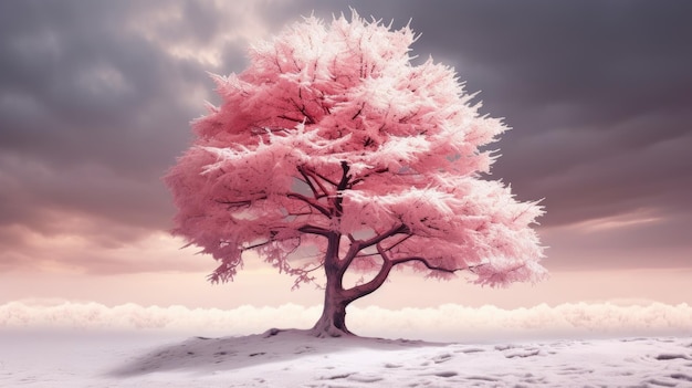 un árbol rosa en el medio de un campo nevado