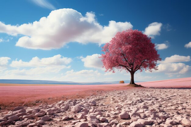 Un árbol rosa en medio de un campo.