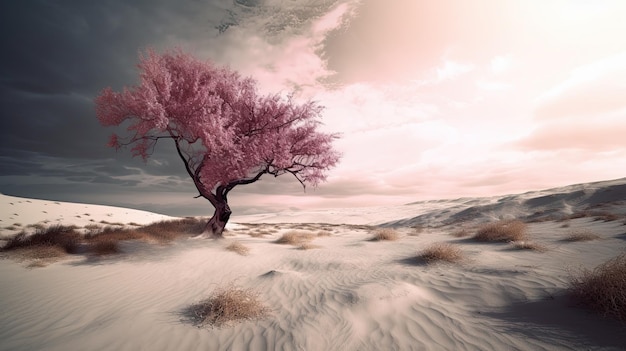 Un árbol rosa en medio de un desierto.