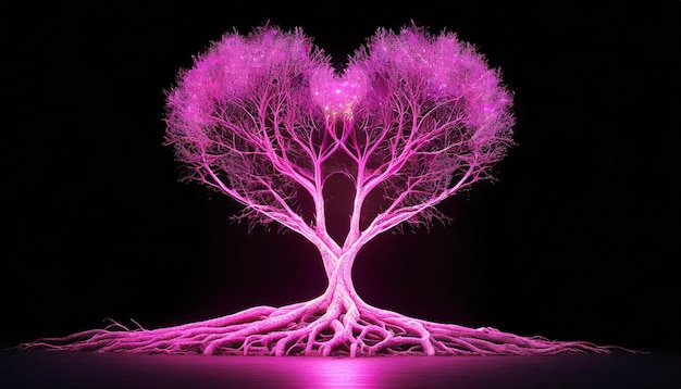 Un árbol rosado brillante en forma de corazón con grandes raíces Amor Día de San Valentín romántico