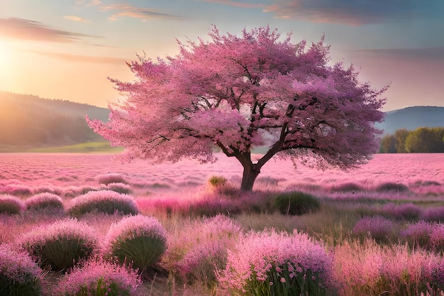 Un árbol rosado en un campo de flores violetas.