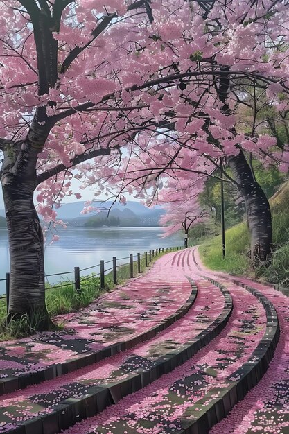 Foto un árbol rosado con flores rosadas en él generativo ai