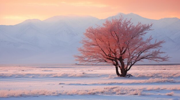 Foto Árbol rosado sereno en la nieve con majestuosas montañas foto inspirada en national geographic