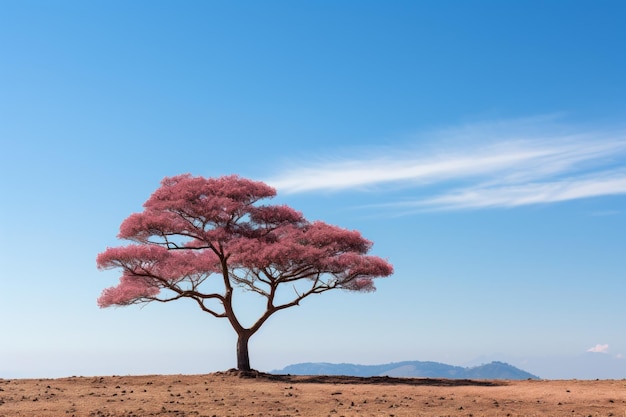 un árbol rosado solitario en medio de un desierto