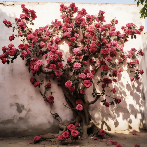un árbol de rosas rosas creciendo entre las paredes