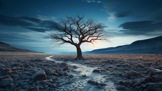 árbol seco en el desierto bajo el cielo estrellado de la noche