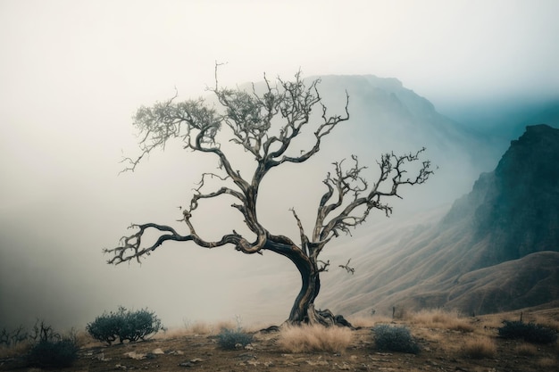 Árbol seco en una montaña verde cubierta de niebla Ilustración AI generativa