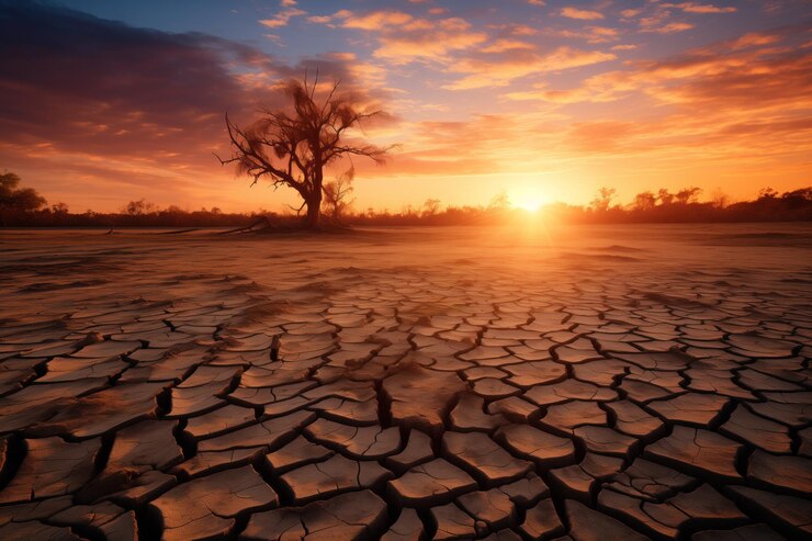 Árbol seco y muerto en el desierto con un suelo seco y agrietado al atardecer