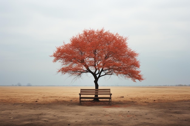 un árbol sentado en un banco en medio de un campo