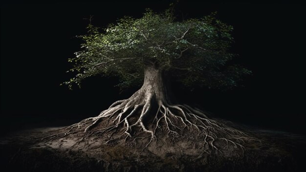 Un árbol sentado encima de un montón de tierra.