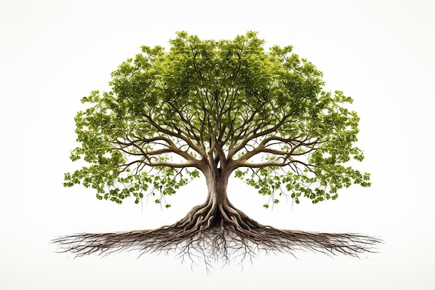 Árbol con sistema de raíces elaborado aislado sobre fondo transparente AI