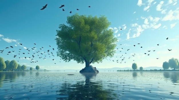 Un árbol sobre una roca con pájaros volando a su alrededor.