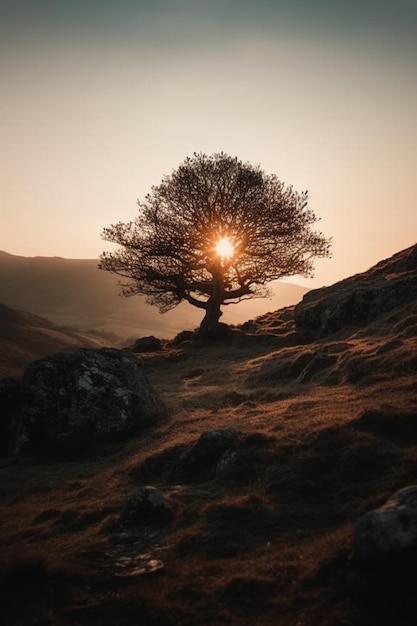 Un árbol con el sol brillando en medio