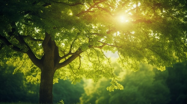 Un árbol con el sol brillando sobre él.