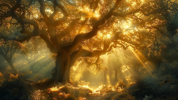 un árbol con el sol brillando a través de las hojas