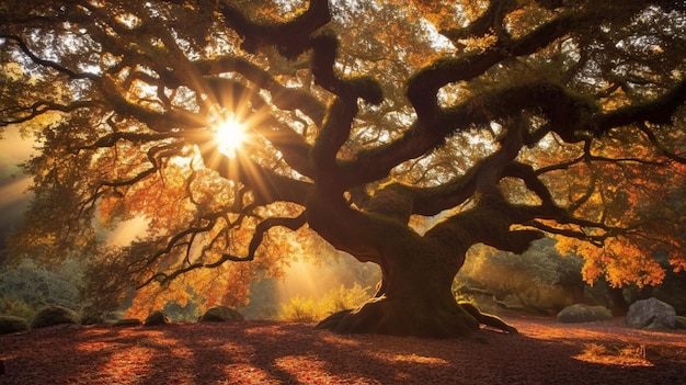 Un árbol con el sol brillando a través de las hojas.